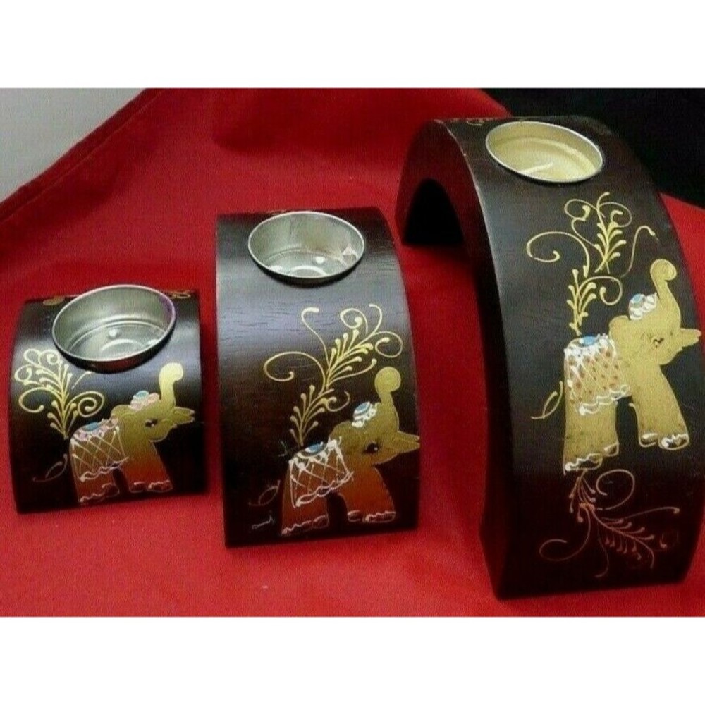 Elephant Wooden Candle Holder Set 3 Tiered Nesting  Asian Oriental Gold Vintage